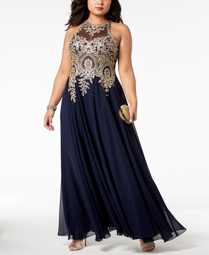 Xscape plus size embroidered gown 2025