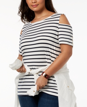 TOMMY HILFIGER PLUS SIZE STRIPED COLD-SHOULDER TOP, CREATED FOR MACY'S