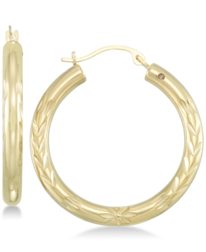 image of Signature Gold Diamond Accent Leaf Embossed Hoop Earrings in 14k Gold over Resin