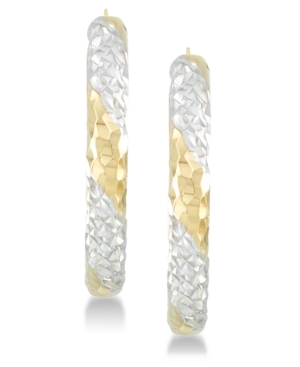 image of Signature Gold Diamond Accent Patterned Hoop Earrings in 14k Gold & 14k White Gold over Resin