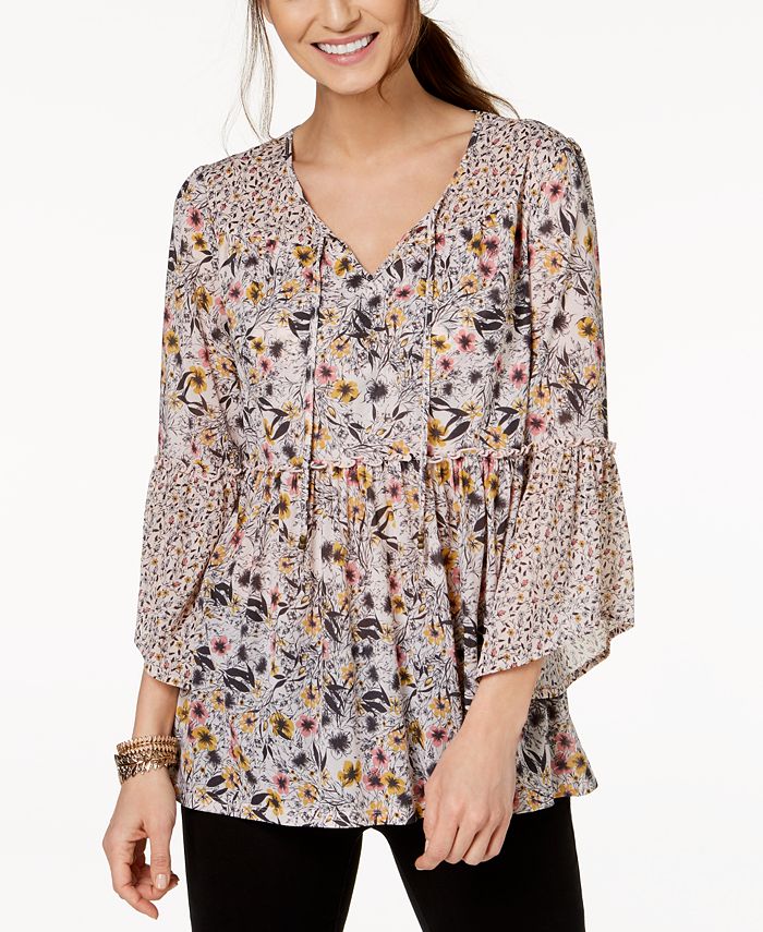Mixed Print Lace Peasant Top
