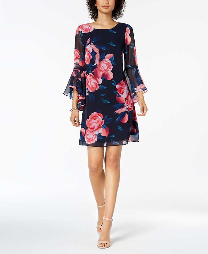 Nine West Floral-Print Bell-Sleeve Chiffon Dress - Macy's