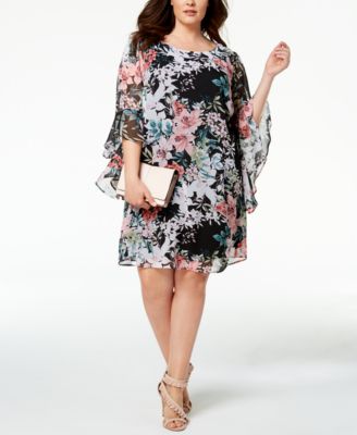 Connected - Plus Size Bell-Sleeve Printed Chiffon Dress