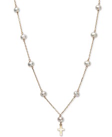 Children's Cultured Freshwater Pearl (5mm) 14" Cross Pendant Necklace in 14k Gold