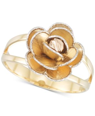 Italian Gold - Tri-Colour Flower Split Shank Ring in 14k Gold, White Gold & Rose Gold