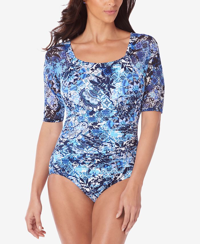 Swim Solutions Zen Garden Printed HighNeck ShortSleeve TummyControl