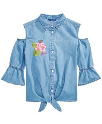 GUESS - Cold Shoulder Cotton Denim Shirt, Big Girls