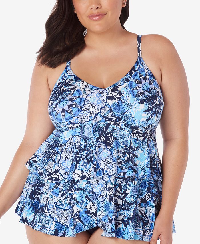 Swim Solutions Plus Size Printed Underwire Tiered Tankini Top, Created ...