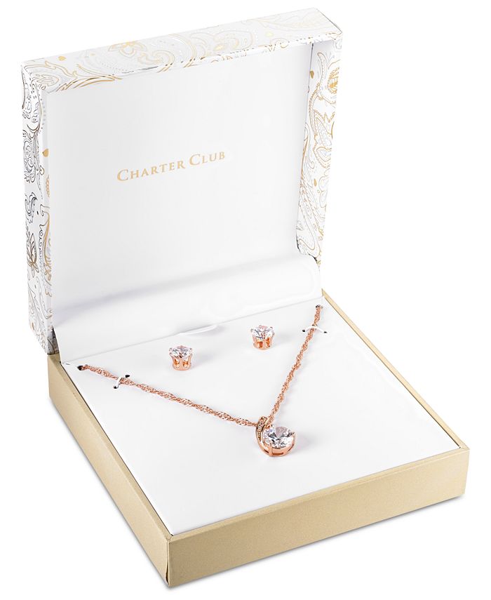 Charter Club Crystal Pendant Necklace and Earrings Set in 18K Rose Gold ...