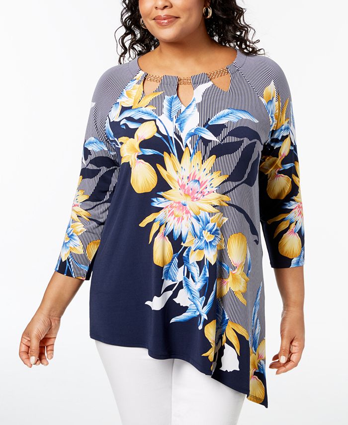 JM Collection Plus Size Printed Asymmetrical Hem Top, Created for Macy ...