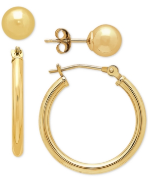 image of 2 Pc. Set Polished Stud & Hoop Earrings in 14k Gold, 3/4 inch Hoop