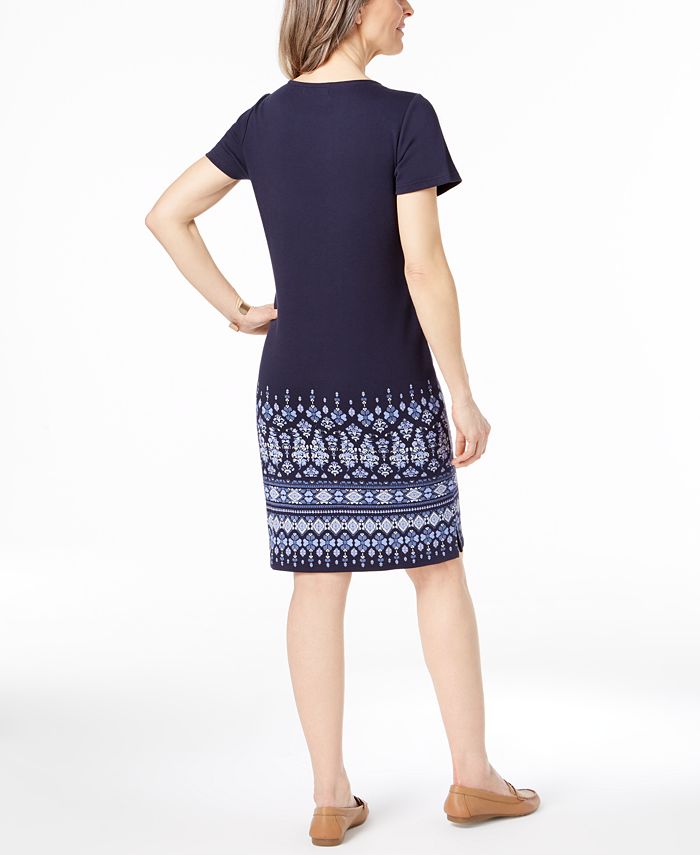 Karen Scott Cotton PuffedPrint SplitNeck Dress, Created for Macy's