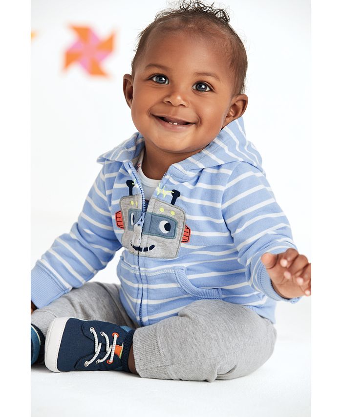 Carter's 3pc Baby Boy Blue Striped Hoodie, Grey Bodysuit & Blue Pants Set main image 1