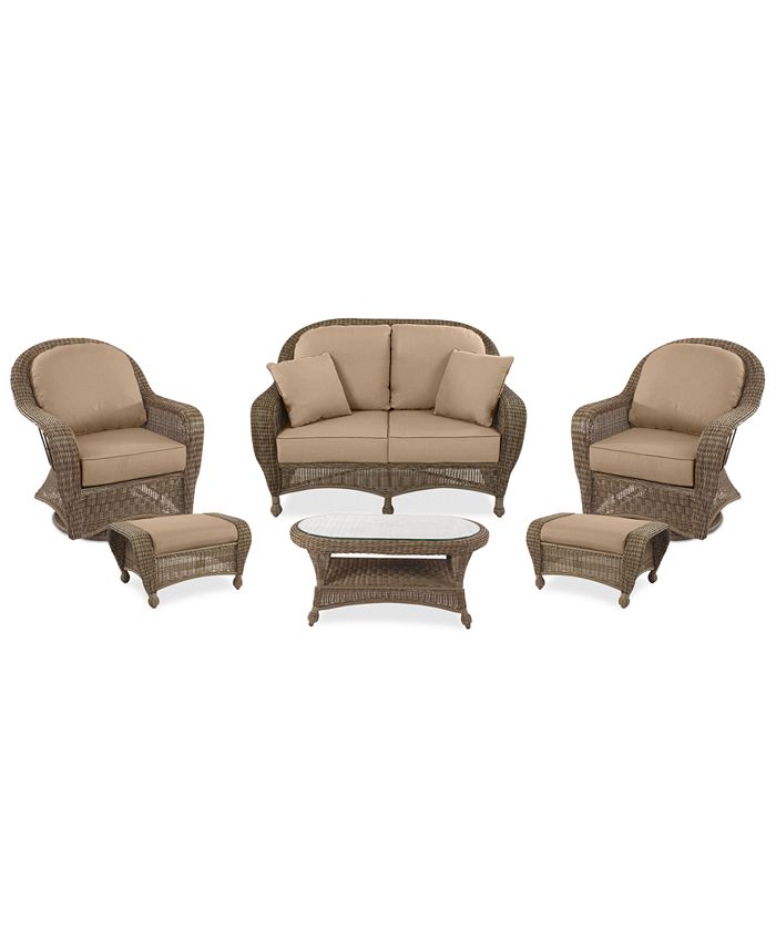 Furniture Sandy Cove Outdoor Wicker 6Pc. Seating Set (1 Loveseat, 2 Swivel Gliders, 2 Ottomans