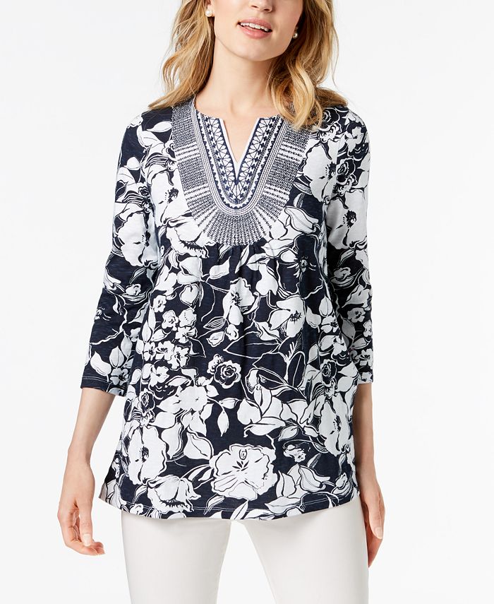 Charter Club Cotton Printed Embroidered Top, Created for Macy's ...