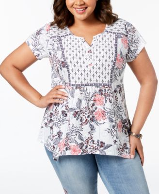 Style & Co - Plus Size Mixed-Print Flutter-Sleeve Handkerchief-Hem Peasant Top