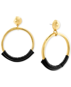 image of Steve Madden Gold-Tone & Leather Drop Large Hoop Earrings