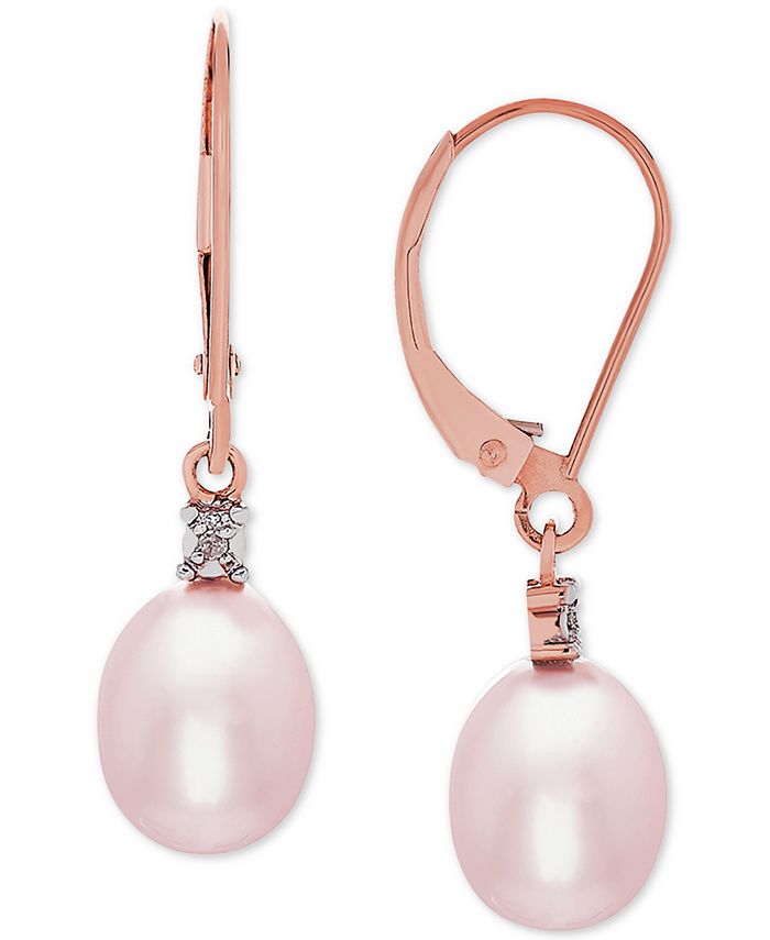 Macy's - Blush Cultured Freshwater Pearl (8mm) & Diamond Accent Drop Earrings in 14k Rose Gold