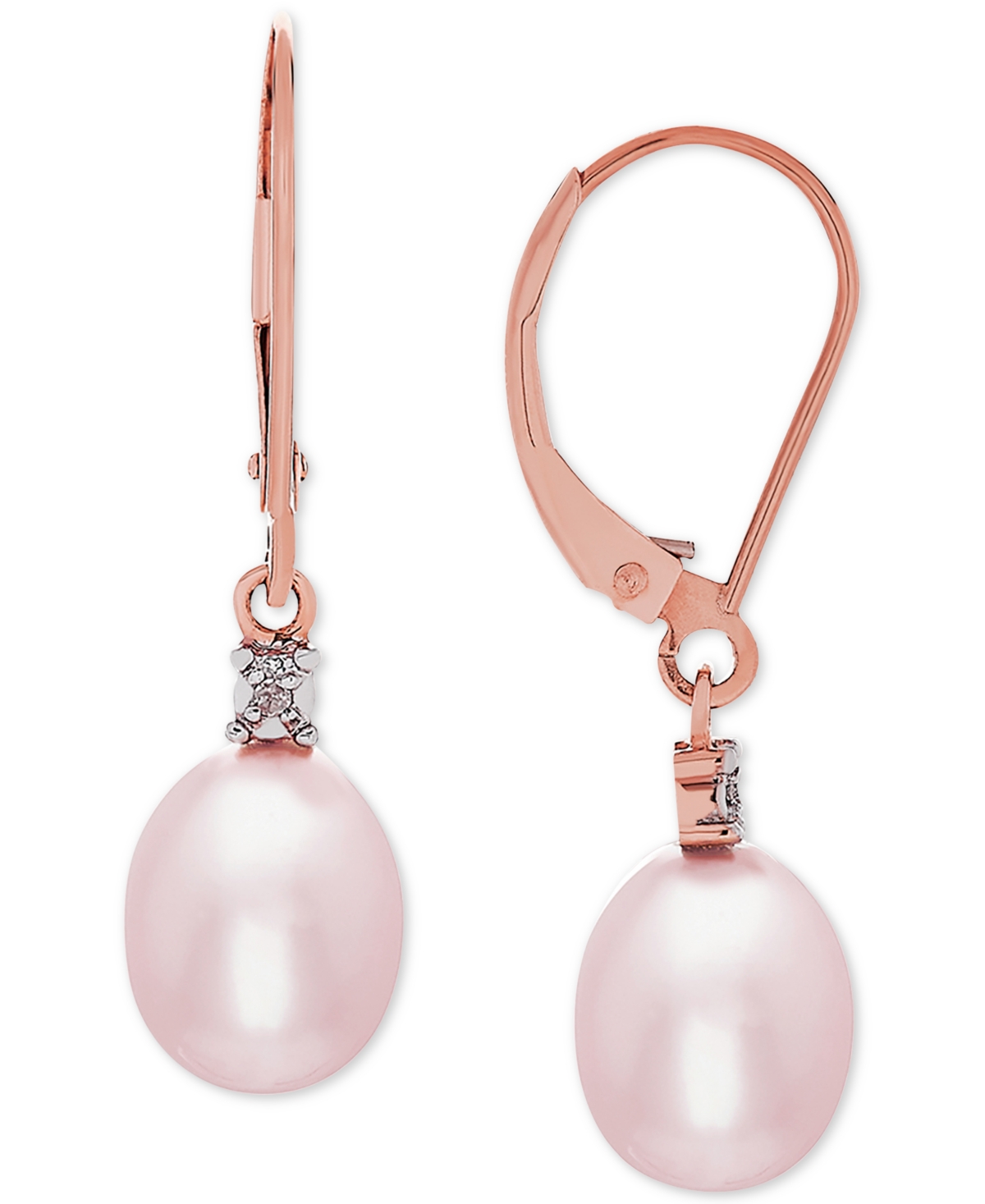 Blush Cultured Freshwater Pearl (8mm) & Diamond Accent Drop Earrings in 14k Rose Gold - Rose Gold