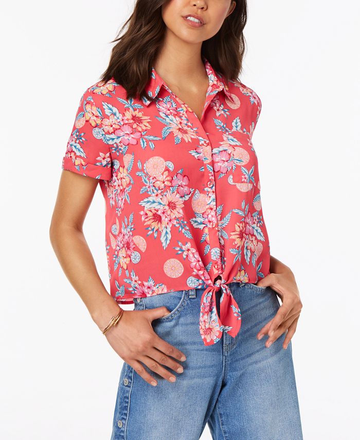 Hippie Rose Juniors Printed Tie Front Camp Shirt Macy s