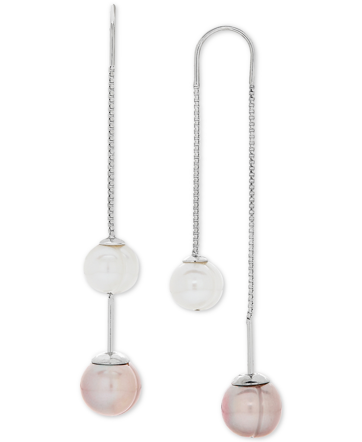 Arabella Gray and White Cultured Freshwater Pearl (8mm) Threader Earrings in Sterling Silver (Also Available in Blush and White)