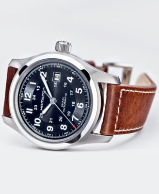 Men's Swiss Automatic Khaki Field Brown Leather Strap Watch 42mm H70555533