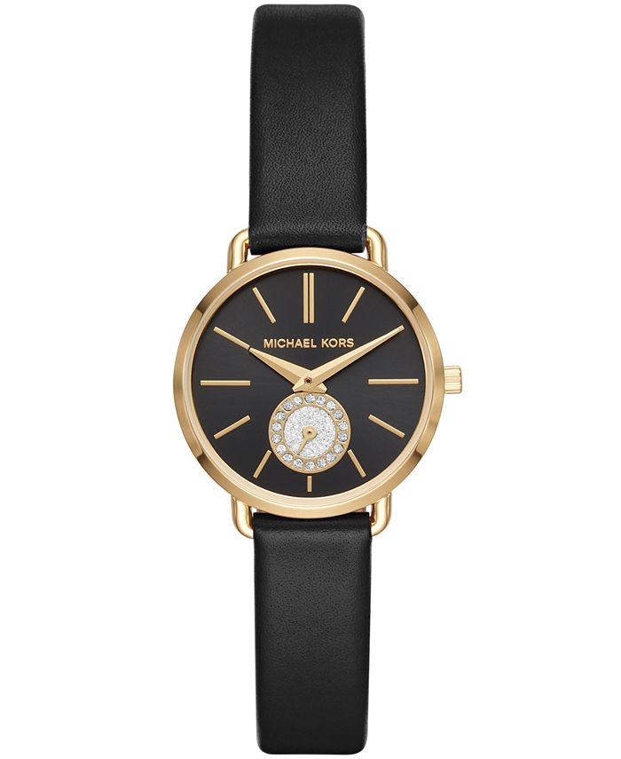 Michael Kors Women's Petite Portia Black Leather Strap Watch 28mm - Macy's