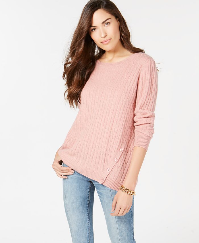 Charter Club Pure Cashmere CableKnit ButtonTrim Sweater, Created for