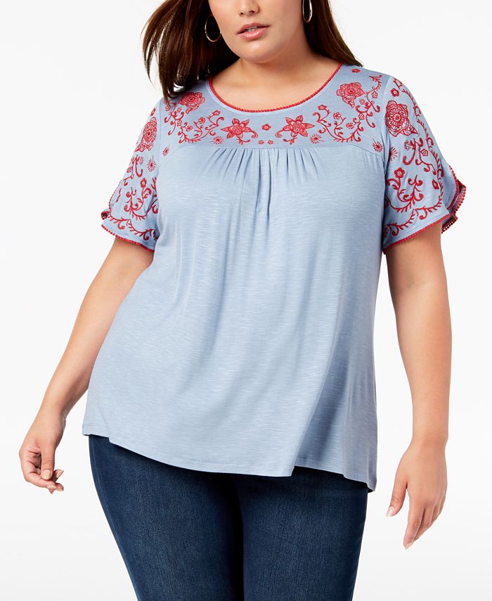 Style & Co Plus Size Embroidered Short-Sleeve Top, Created for Macy's ...