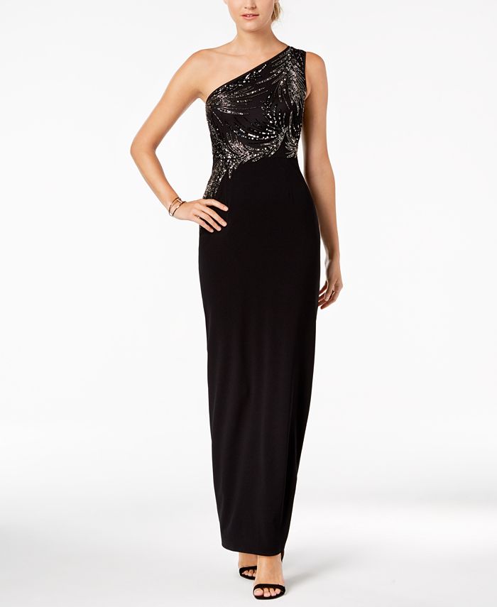 Adrianna Papell Beaded One-Shoulder Gown - Macy's