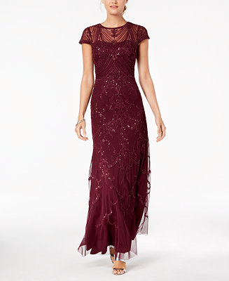 Adrianna Papell Beaded Mesh Sheer-Back Gown - Macy's