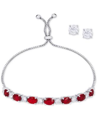 Simulated Ruby Slider Bracelet & Cubic Zirconia Stud Earrings Set In Silver-Plate, July Birthstone