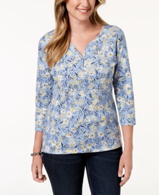 Karen Scott Womens Floral Henley Top White Size Small