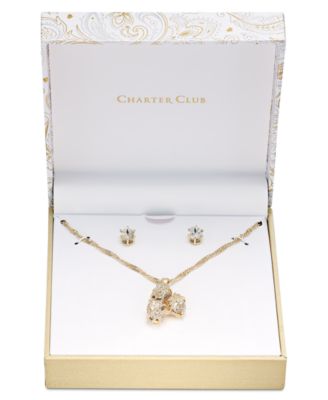 Charter Club - Gold Plate Triple-Stone Wrap Pendant Necklace & Stud Earrings Set, 17" + 3" extender