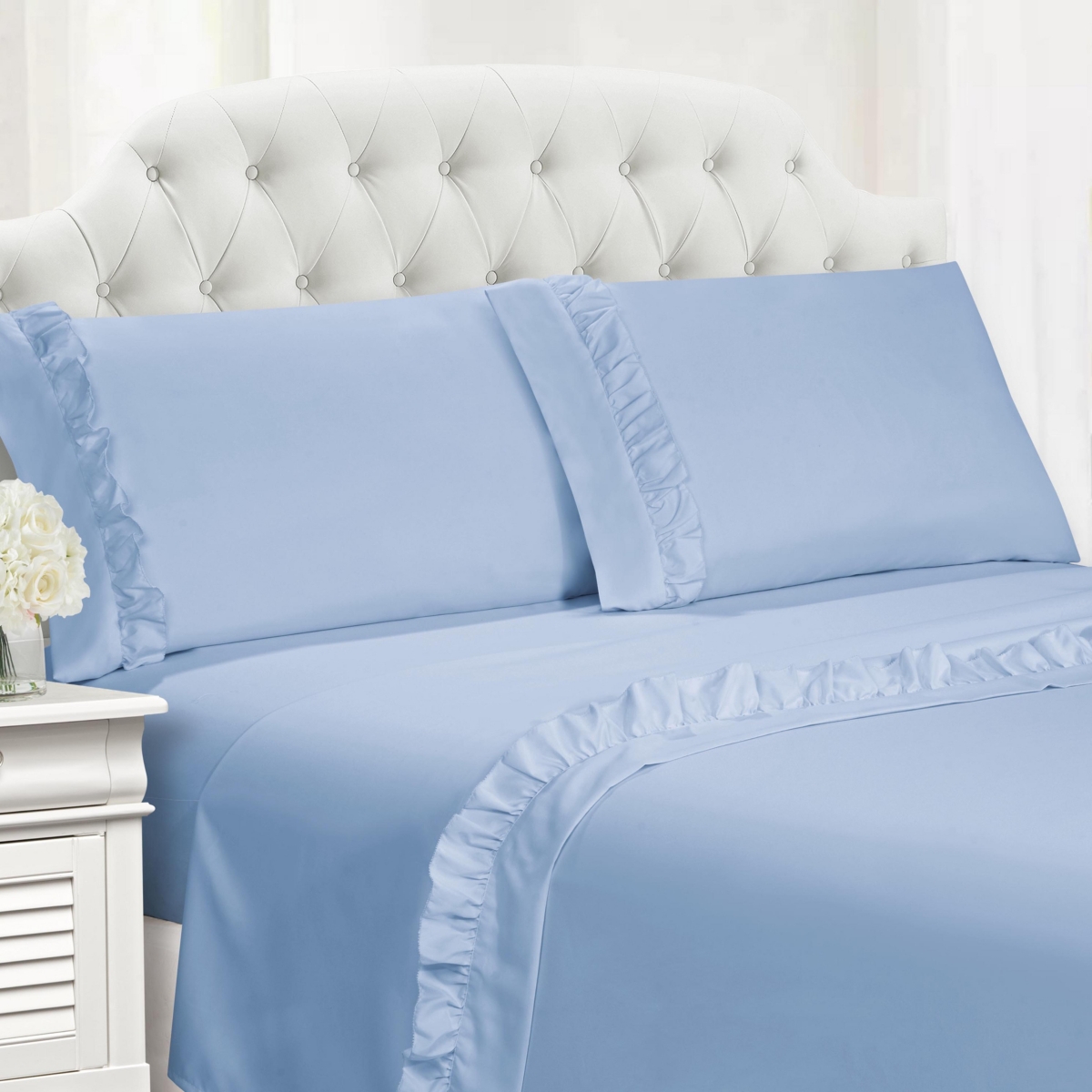 Cathay Home Inc. Ruffle Hem King 4 Pc Sheet Set Bedding In Blue Bell