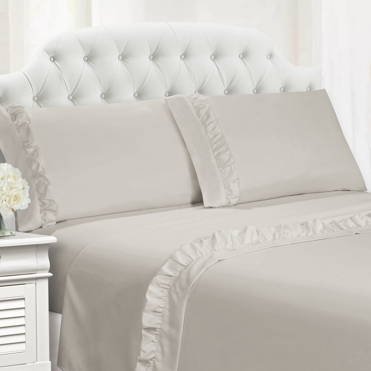 Cathay Home Inc. Ruffle Hem King 4 Pc Sheet Set Bedding In Taupe