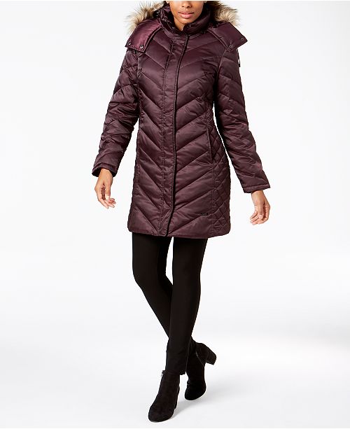 Kenneth Cole Hooded Faux Fur Trim Down Chevron Puffer Coat Reviews Coats Women Macy S