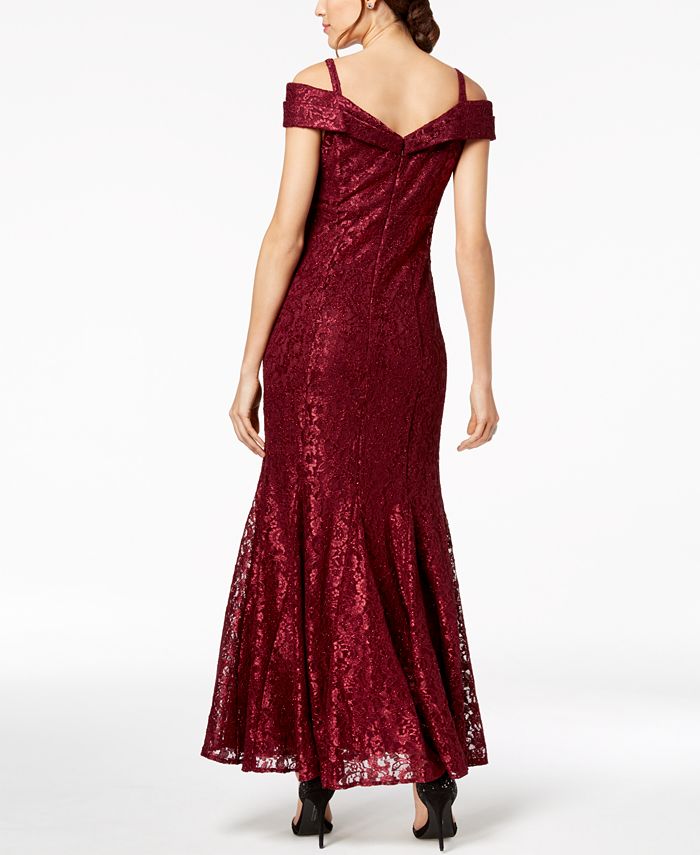 R&M Richards 2047P Long Off Shoulder Petite Lace Gown