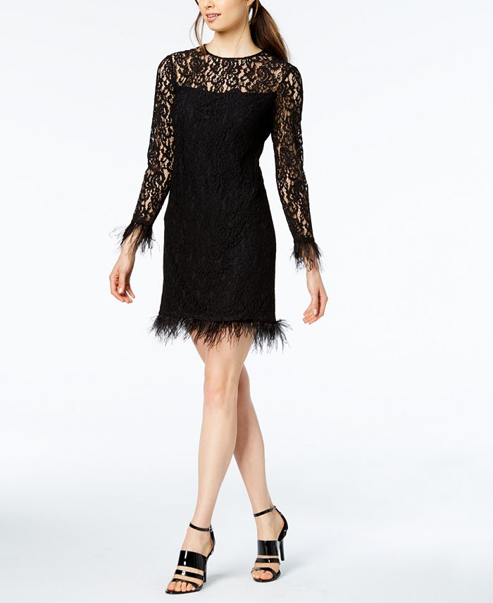 Calvin Klein Feather-Trimmed Lace Sheath Dress - Macy's