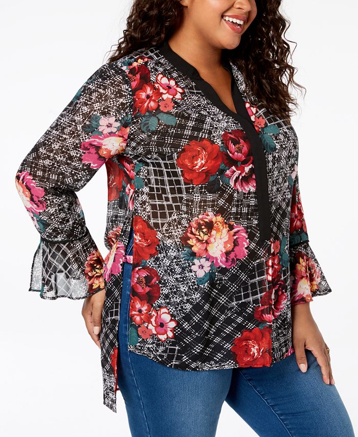NY Collection Plus Size Chiffon Bell-Sleeve Tunic - Macy's