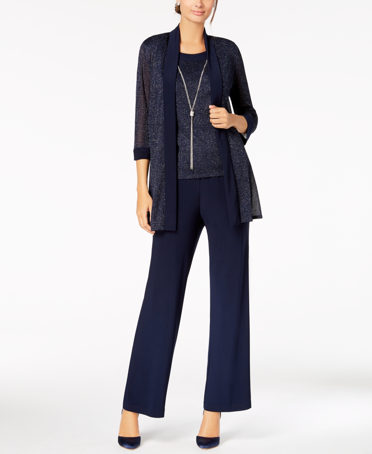 Metallic Pantsuit, Shell & Necklace Set - Navy
