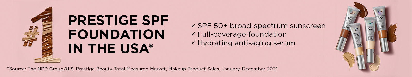 #1 Prestige SPF Foundation In The USA, SPF 50+ broad-spectrum sunscreen, Full-coverage foundation, Hydrating anti-aging serum