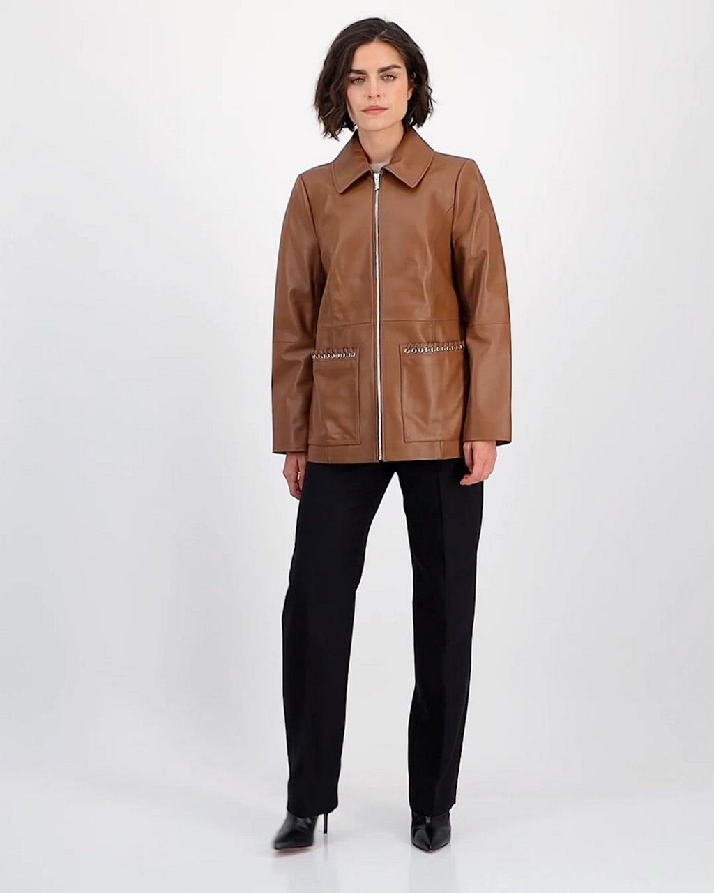 Anne Klein Women's Zip-Front Leather Jacket - Macy's