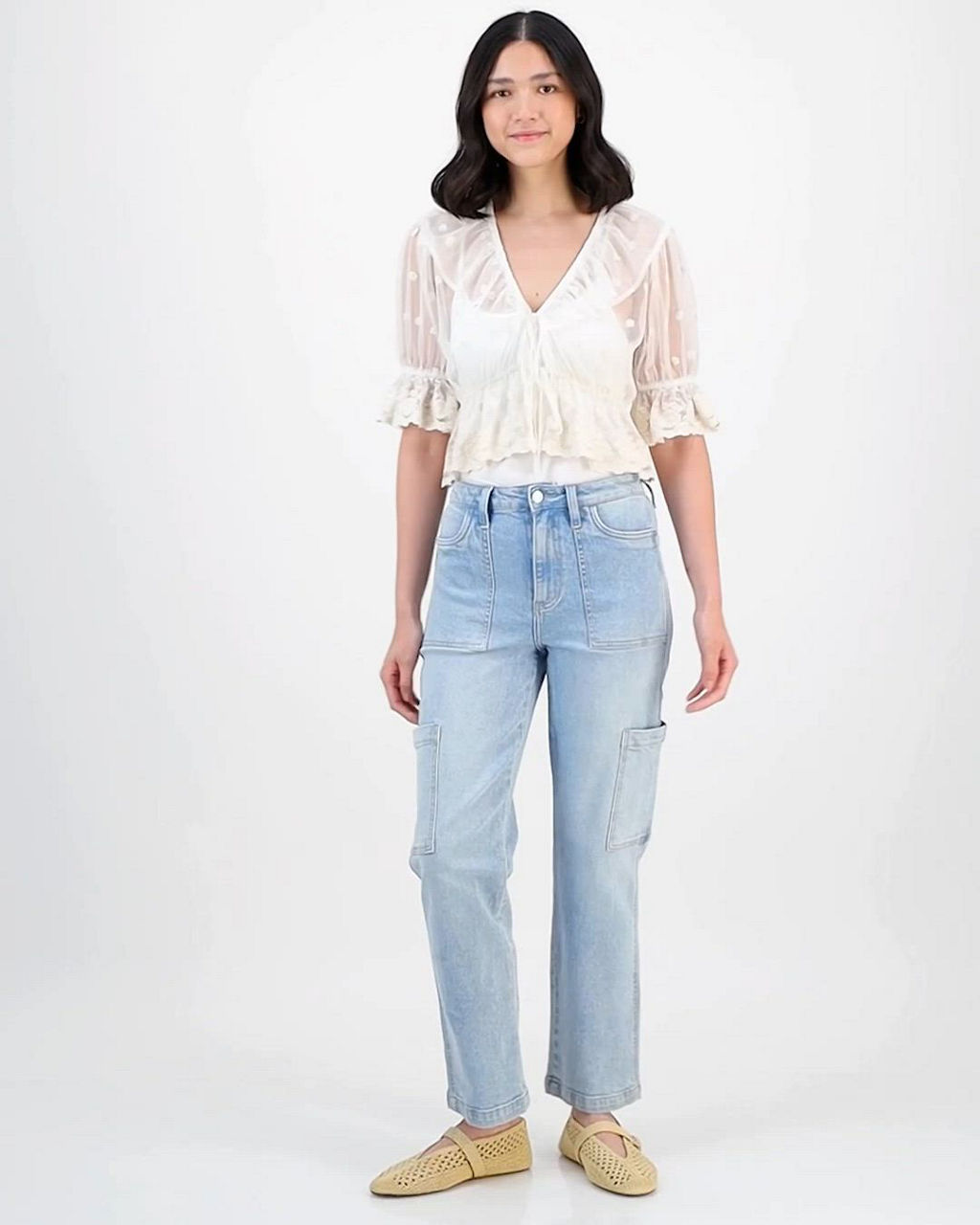 トップス me And Now This Women's V-Neck Ruffle-Trim Mesh Top