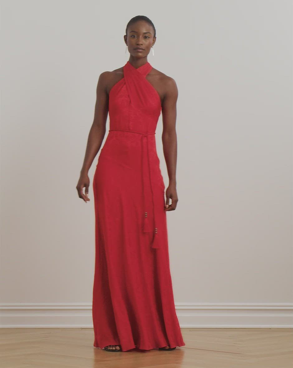 Lauren Ralph Lauren Women's Belted Floral Jacquard Halter Gown - Macy's