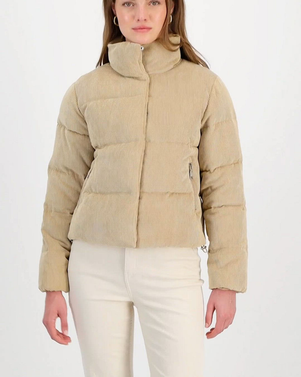 Urban Classics Dames winterjas corduroy puffer jack met opstaande kraag, kort gesneden, type donsjack, maat XS tot 5XL, toffee, S