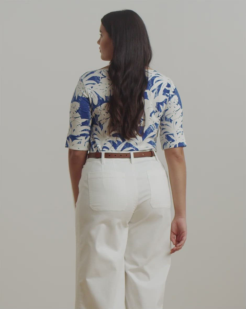 売れ筋商品|||ラルフローレン カットソー トップス レディース Plus Size Palm-Frond-Print Cotton Boatneck Tee Blue White Lauren Ralph Lauren Plus Size Palm-Frond-Print Cotton