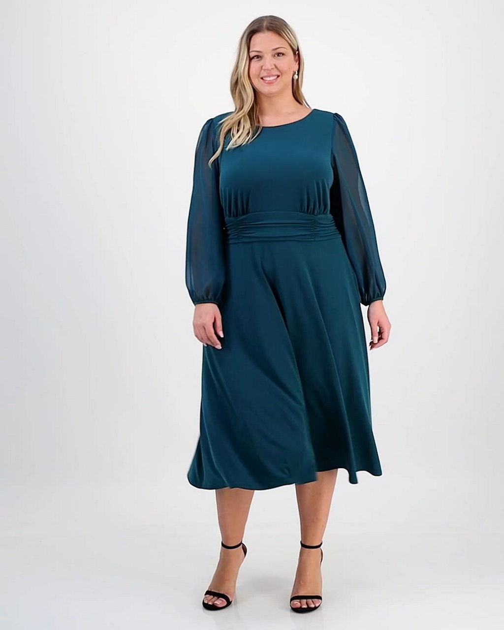 plus size high waisted dress Connected Shirred-Waist Sheer-Sleeve Midi Island-Pearls