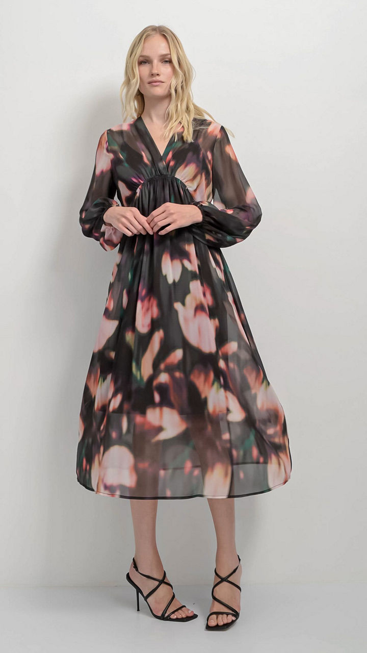 DKNY Women's Long Sleeve Empire Waist Midi Dress
