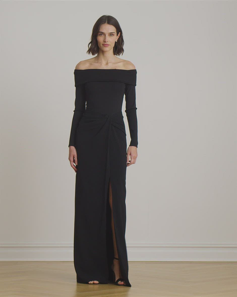 Ralph Lauren Rib Knit & Crepe Off The Shoulder Gown - Black - 14